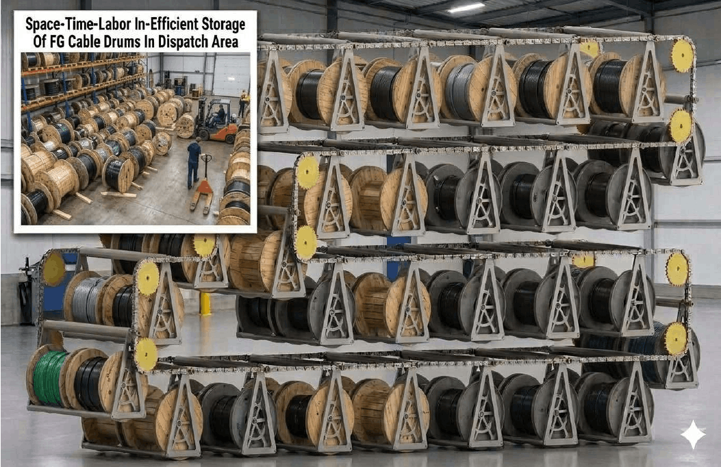 Vertical Carousels For Space-Time-Labor-Damage Efficient Vertical Storage Of Finished Goods Cable Drums In Insulated Power-Telecom-Optic Fiber Cables-Wires Manufacturing Plants